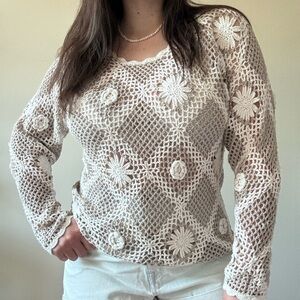 Best American Neutral Floral Crochet Sweater
